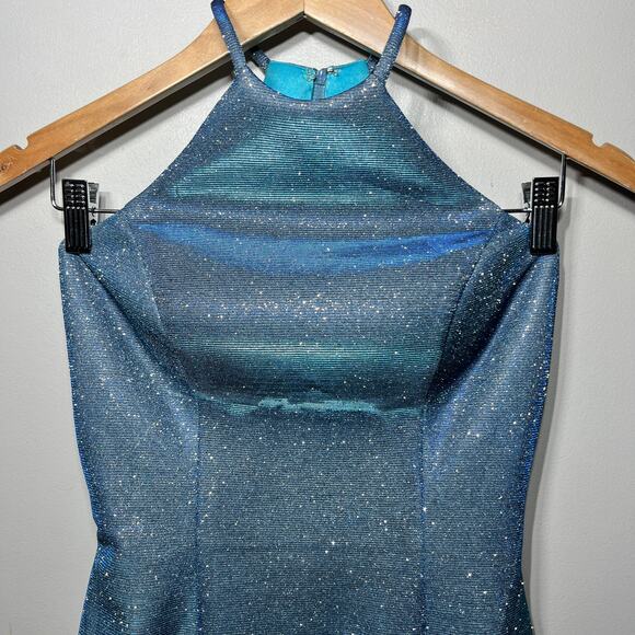 Sherri Hill Dress Blue Iridescent Miss Priss Prom Pageant Shimmer Halter Glam 4 - Picture 3 of 9